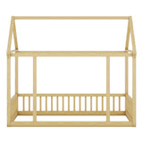 Twin Size Floor Wooden Bed with House Roof Frame and Safety Guardrails,Natural - V.I.P Digital Presence