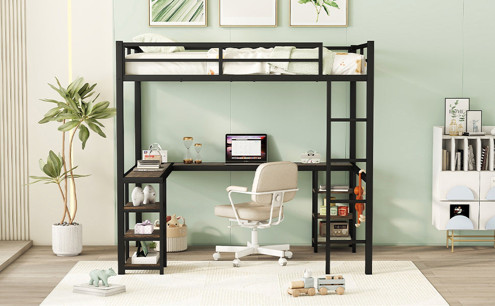 Full Metal Loft Bed with Desk and Shelves, Loft Bed with Ladder and Guardrails, Loft Bed Frame for Bedroom, Black - V.I.P Digital Presence