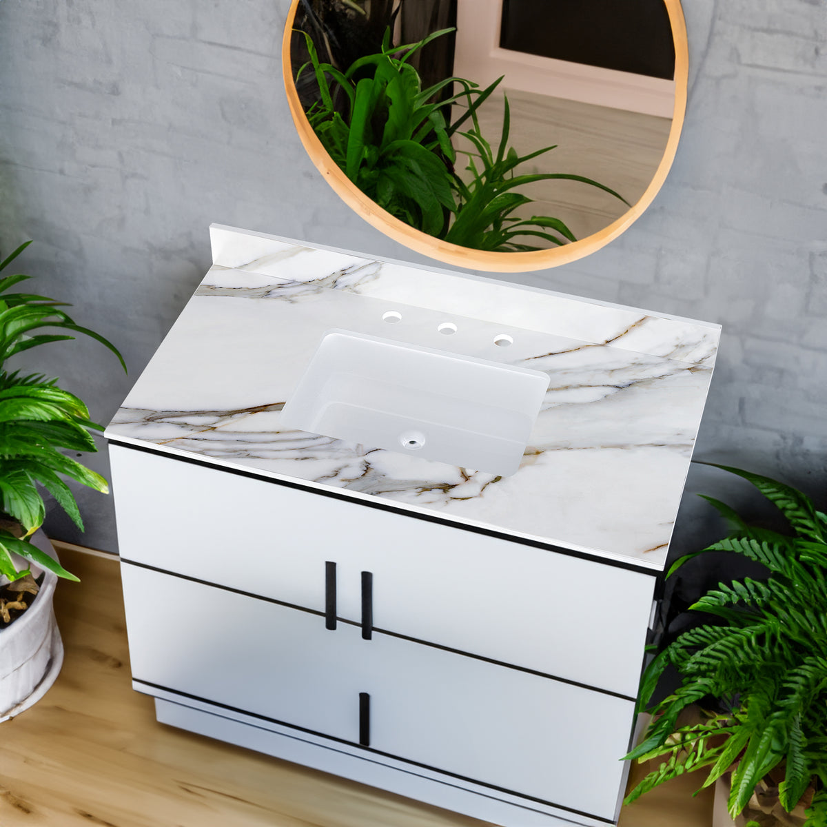 43 inch marble countertop with base rectangular central sink and 4-inch high splash guard, pre drilled 8-inch faucet hole ，white - V.I.P Digital Presence