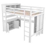 Wood Loft Bed with Cabinet and Bookshelf, Full Size Loft with Wardrobe and Desk for Kids,White - V.I.P Digital Presence