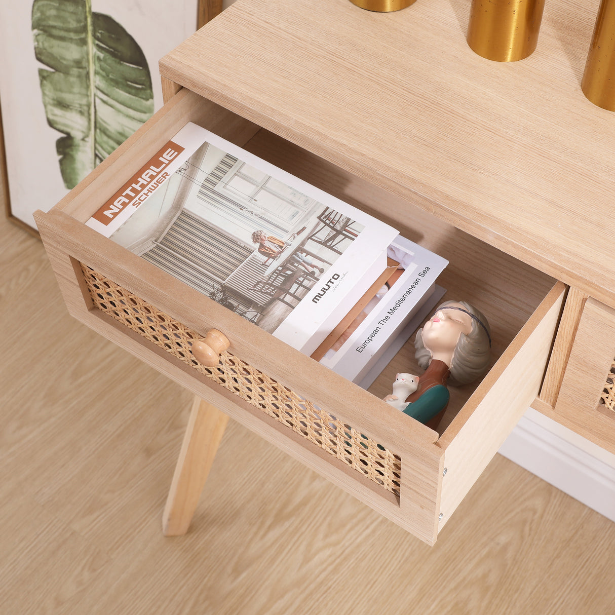 Side table with two real rattan drawers, solid wood table legs can be used in the dining room living room,bedroom - V.I.P Digital Presence