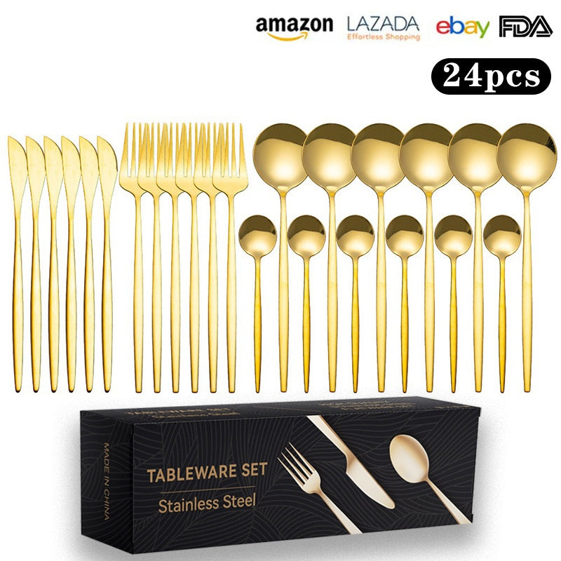 Cutlery Set Stainless Steel Knife Fork Set 24-Piece Tableware Set Golden Steak Knife Fork Spoon 6-Person Set - V.I.P Digital Presence
