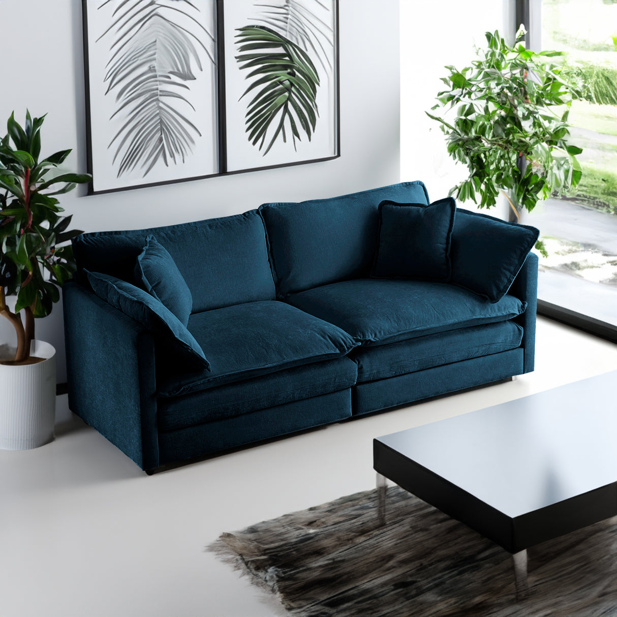 Modern Fabric Loveseat Sofa Couch for Living Room, Upholstered Large Size Deep Seat 2-Seat Sofa with 4 Pillows ,Blue Chenille - V.I.P Digital Presence