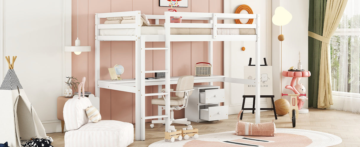 Twin Loft Wood Bed with Under-bed, Built-in Desk, a Storage Cabinet of 2 Drawers, Guardrails, Ladder,White - V.I.P Digital Presence