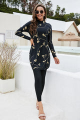 Printed Mock Neck Long Sleeve Top and Pants Swim Set - V.I.P Digital Presence