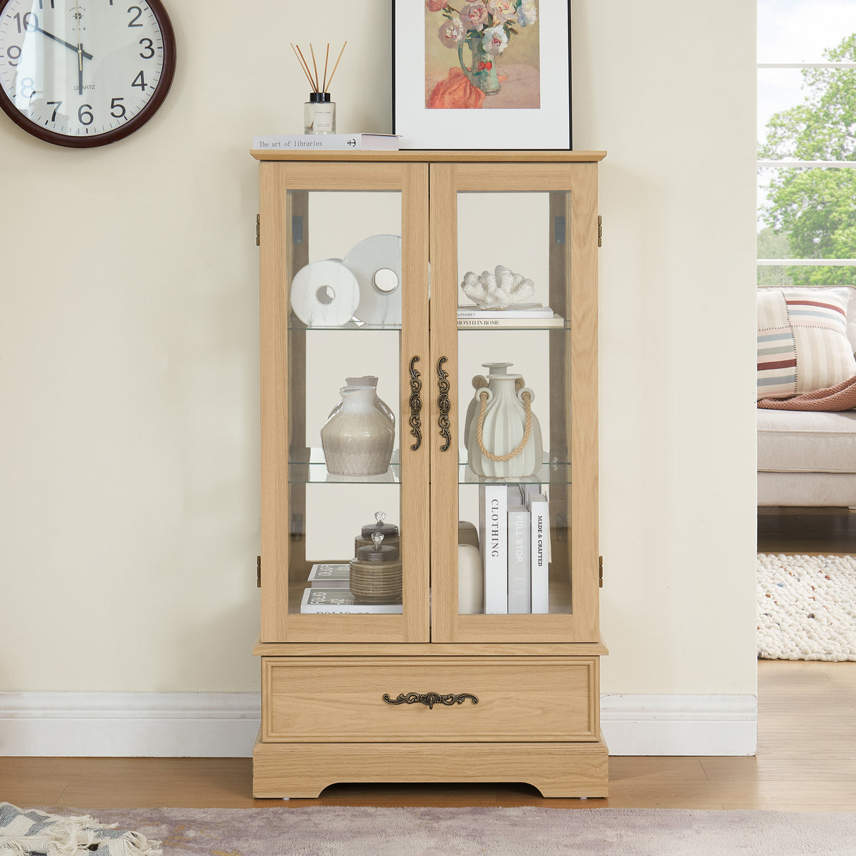 Light colored glass cabinet with adjustable glass frame, including cabinet light bulbs OAK with 2 doors and 1 drawer - V.I.P Digital Presence