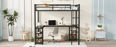 Full metal loft bed with desk and shelf, loft bed with ladder and guardrail, black with retro wood desk - V.I.P Digital Presence