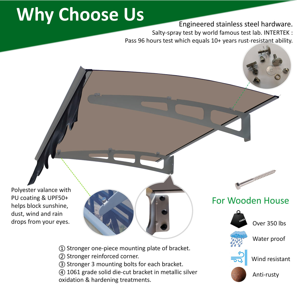DA4734W Series Door Window Awning Made of 0.137 Inch Thick Crystal Polycarbonate Sheet in size of 47" Wide x 34" Brown Roof - V.I.P Digital Presence