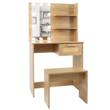 Vanity Desk Set Stool & Dressing Table with LED Lighting Mirror Drawer and Wood Cosmetic Table Chest of Drawers Nature Color - V.I.P Digital Presence