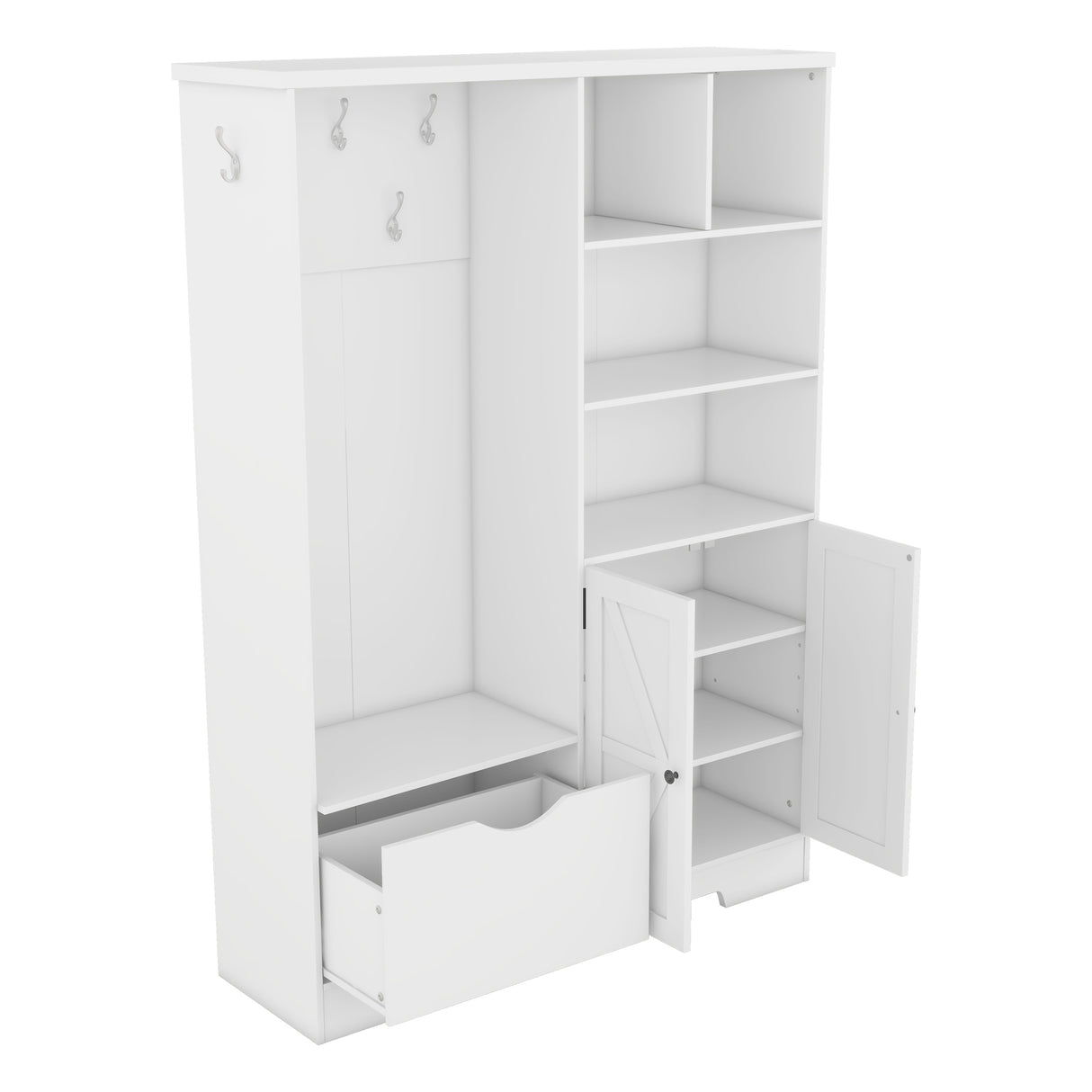 Multi-functional Hall Tree with Storage Shelves Drawers Cabinet Elegant Hallway Shoe Cabinet with Bench Modern Coat Rack White - V.I.P Digital Presence