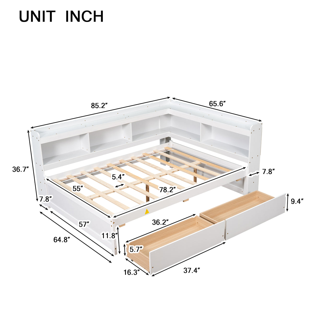 Full Bed with L-shaped Bookcases, Drawers ,White - V.I.P Digital Presence