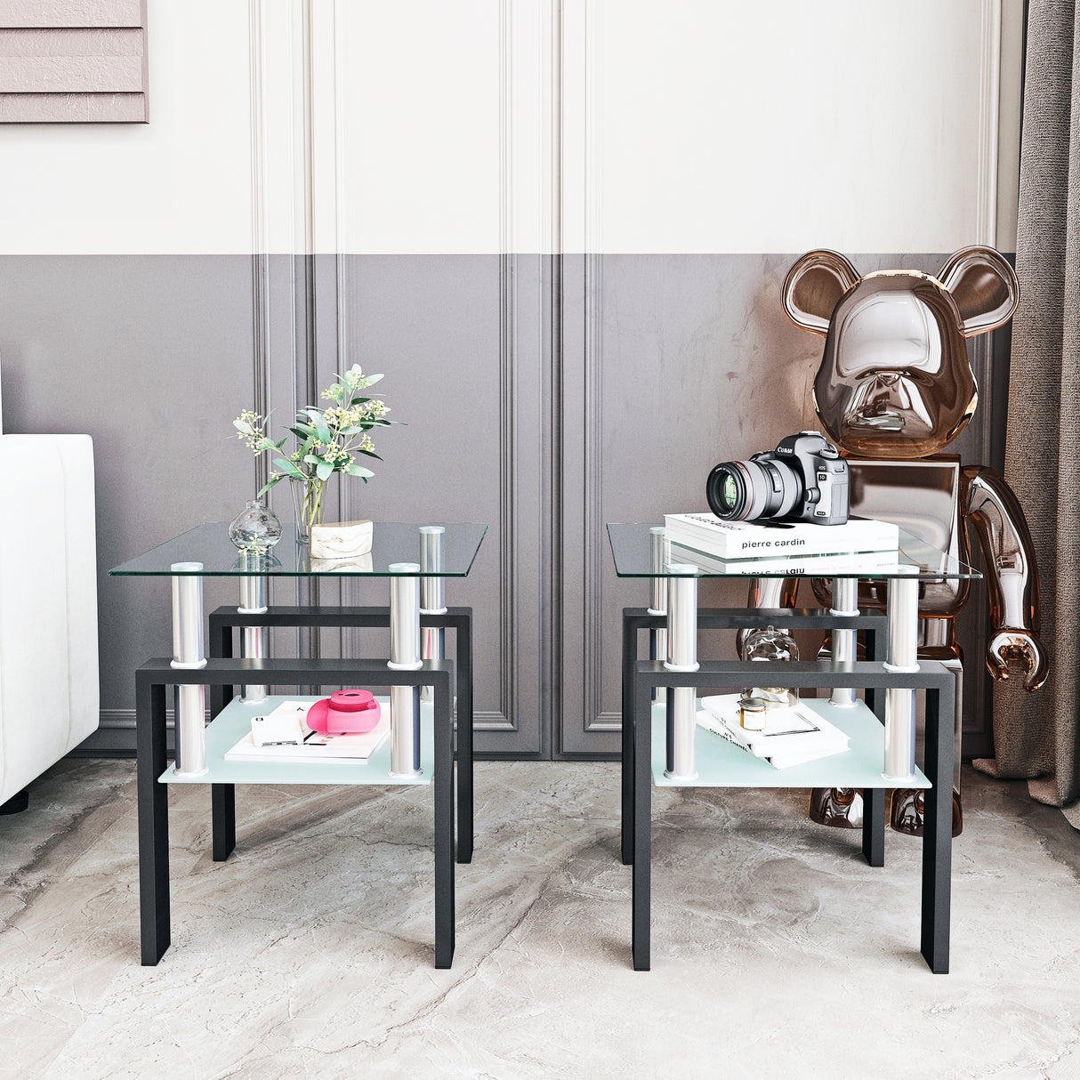 Set of 2, Modern Tempered Glass Tea Table Coffee Table End Table, Square Table for Living Room, Transparent/Black - V.I.P Digital Presence