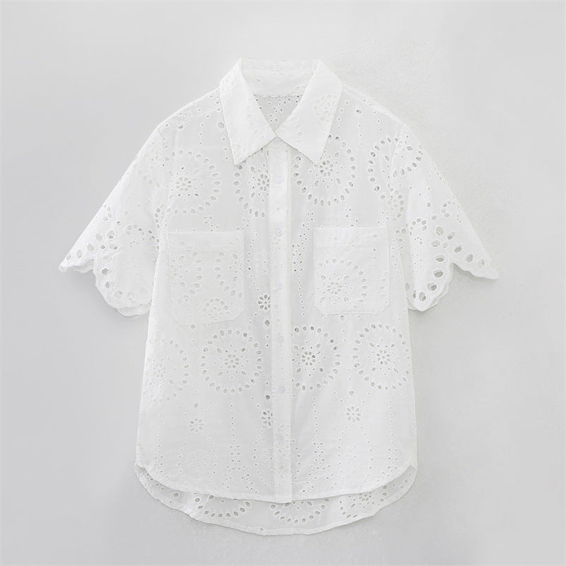 Summer NewStyle Women's Fashion Casual Short Sleeve Hollow Embroidered Shirt Shorts - V.I.P Digital Presence