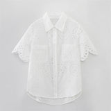 Summer NewStyle Women's Fashion Casual Short Sleeve Hollow Embroidered Shirt Shorts - V.I.P Digital Presence