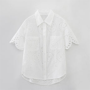 Summer NewStyle Women's Fashion Casual Short Sleeve Hollow Embroidered Shirt Shorts - V.I.P Digital Presence