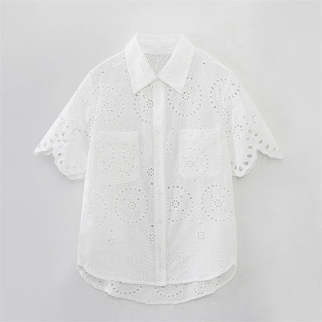 Summer NewStyle Women's Fashion Casual Short Sleeve Hollow Embroidered Shirt Shorts - V.I.P Digital Presence