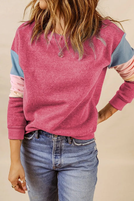 Color Block Round Neck Long Sleeve Sweatshirt - V.I.P Digital Presence