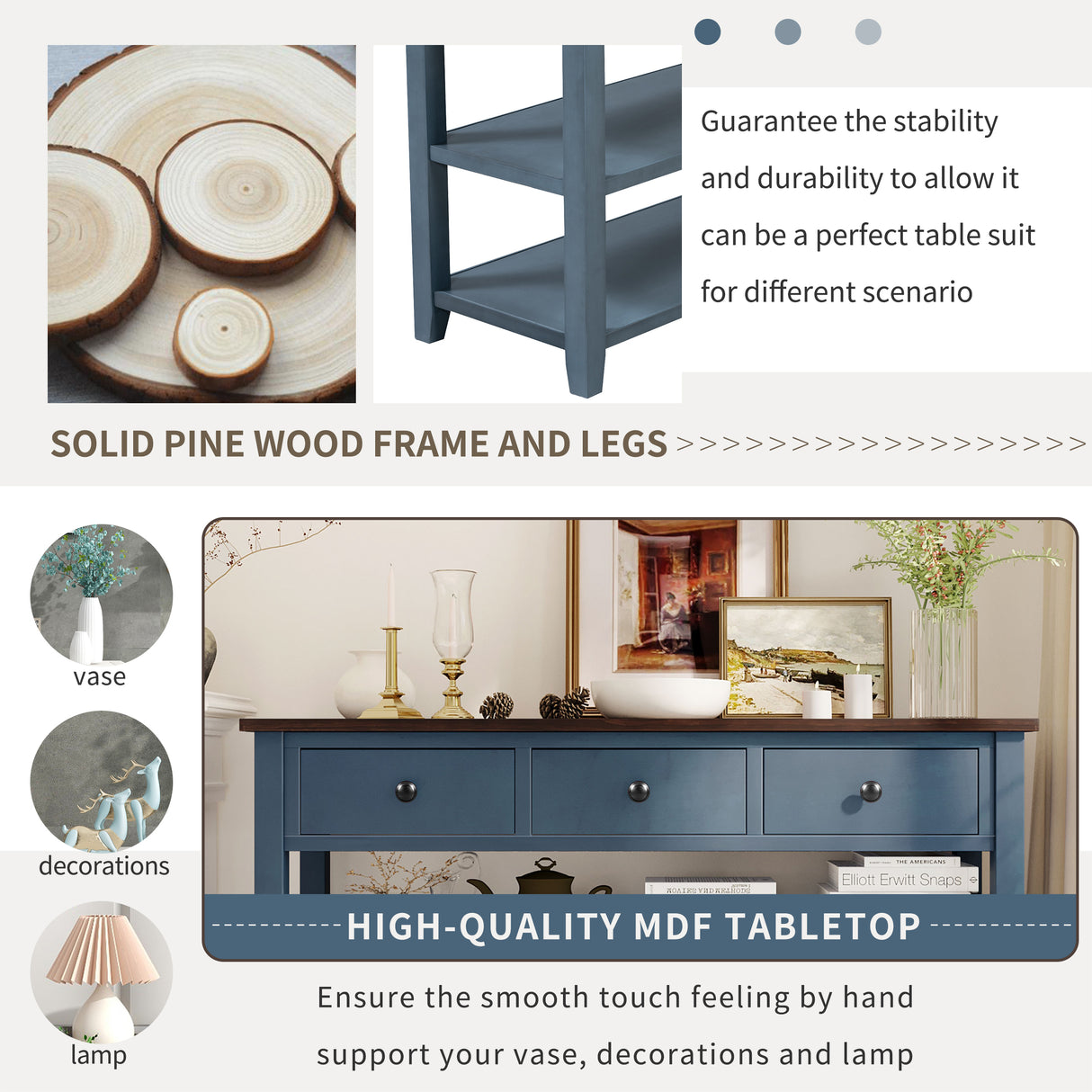 Retro Design Console Table with Two Open Shelves, Pine Solid Wood Frame and Legs for Living Room (Antique Navy+Espresso) - V.I.P Digital Presence