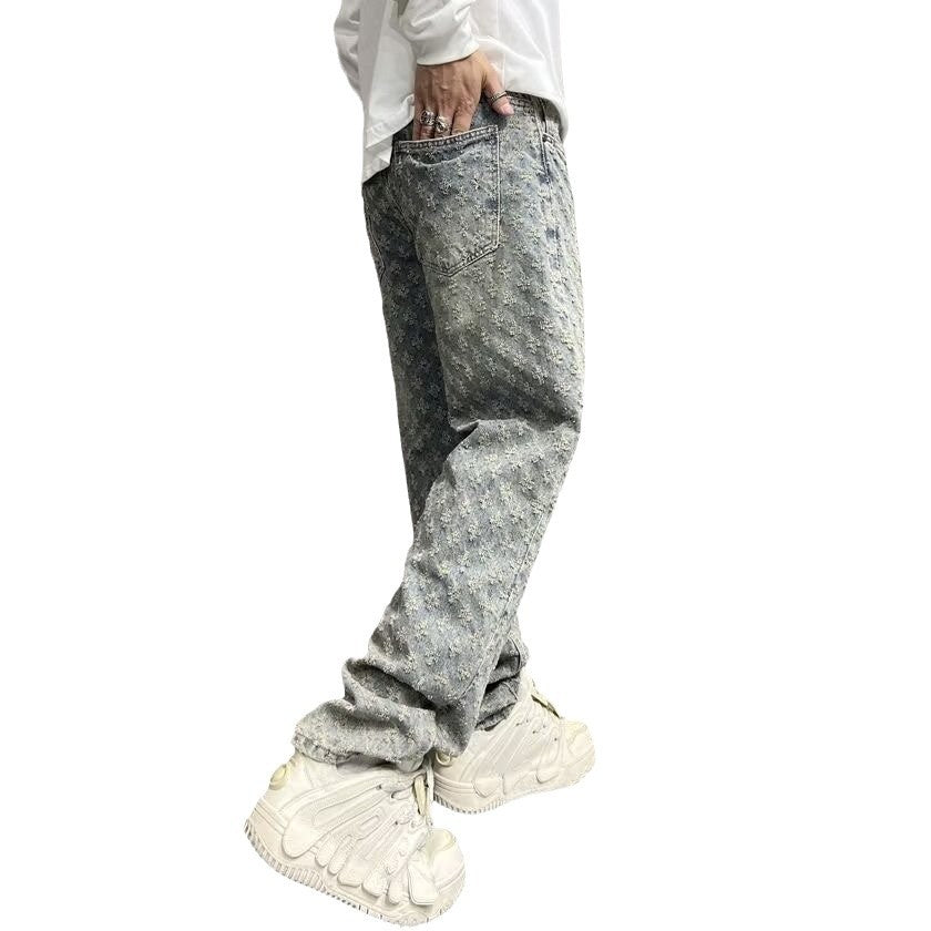 High Street Hip Hop Trousers, Trendy Brand Cool and Handsome Jacquard Full Print Jeans for Men, American Style Vibe Straight Leg Pants - V.I.P Digital Presence