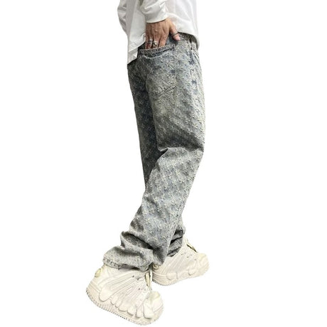 High Street Hip Hop Trousers, Trendy Brand Cool and Handsome Jacquard Full Print Jeans for Men, American Style Vibe Straight Leg Pants - V.I.P Digital Presence