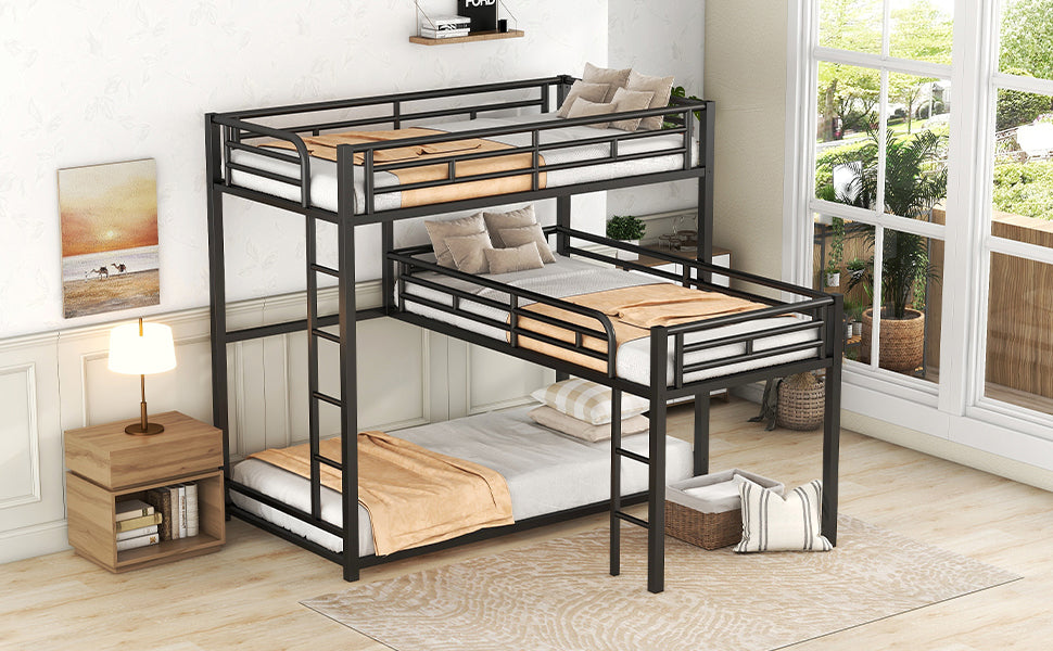 L-shaped Metal Triple Twin Size Bunk Bed, Black - V.I.P Digital Presence