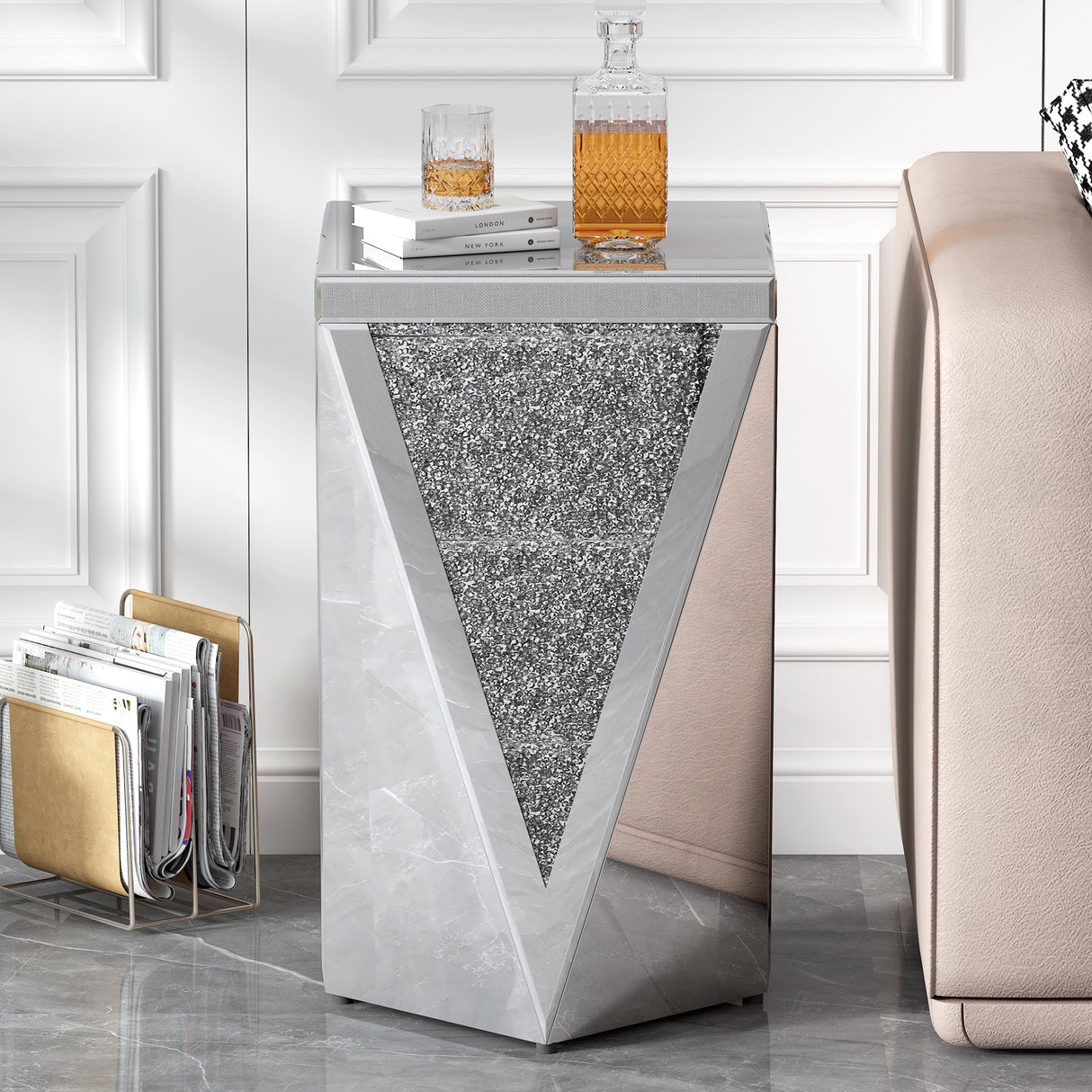 U-Can 13.8'' Silver Square Mirrored End Table, Modern Side Table with Crushed Diamond for Living Room, No Assembly Required - V.I.P Digital Presence