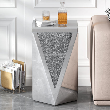 U-Can 13.8'' Silver Square Mirrored End Table, Modern Side Table with Crushed Diamond for Living Room, No Assembly Required - V.I.P Digital Presence