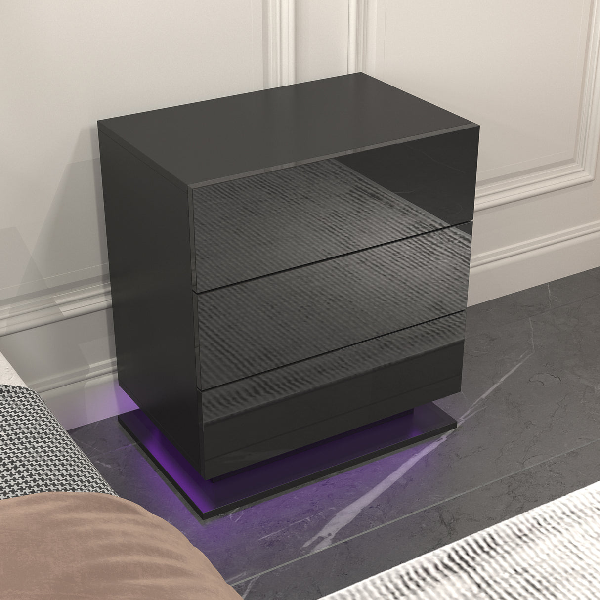 Nightstand with 3 Storage Drawers,Led Lights, End Table for Bedroom Furniture - V.I.P Digital Presence