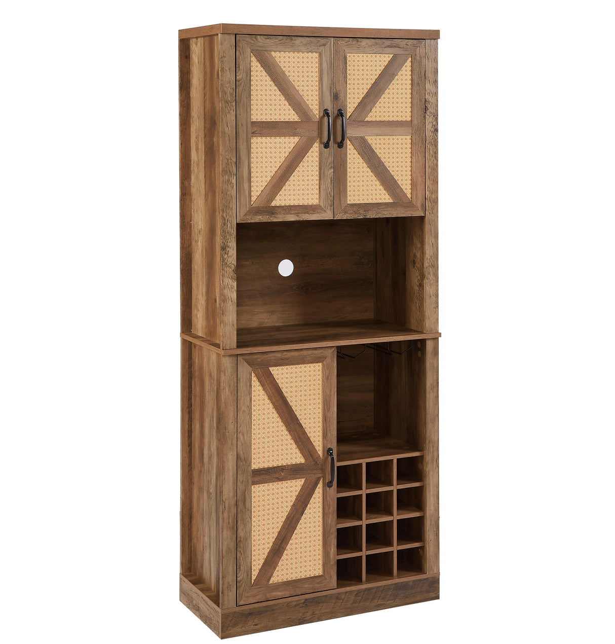 76-Inch Tall Rustic Oak Color Farmhouse Kitchen Faux Rattan Wine Cabinet, Kitchen Bar Cabinet with Square Compartments - V.I.P Digital Presence