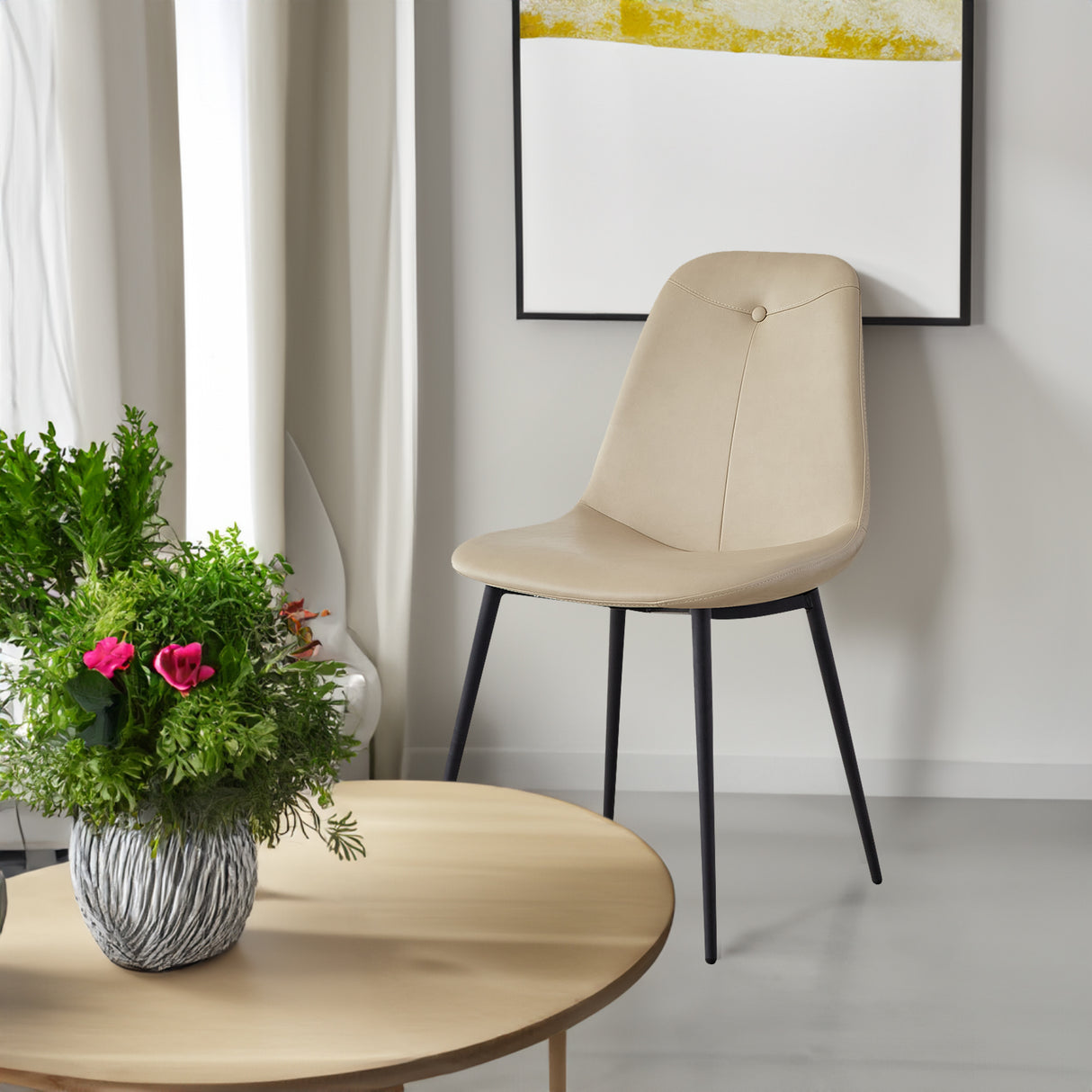 A set of 2 high back dining chairs with PU artificial leather soft cushions and metal legs, decorated with large soft cushions - V.I.P Digital Presence