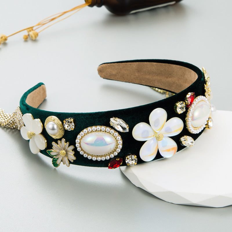 Vintage Baroque New Flower Pearl Tassel Hair Charm Velvet Fabric Headband Accessories - V.I.P Digital Presence