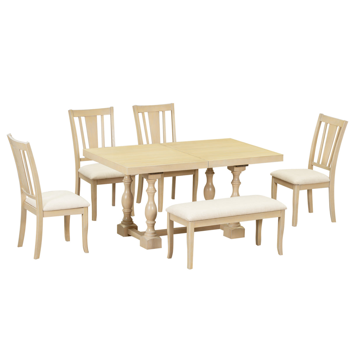 Traditional 6-Piece 78inch Trestle Extendable Dining Table Set with One 18inch Removable Leaf Padded Dining Chairs Bench,Natural - V.I.P Digital Presence