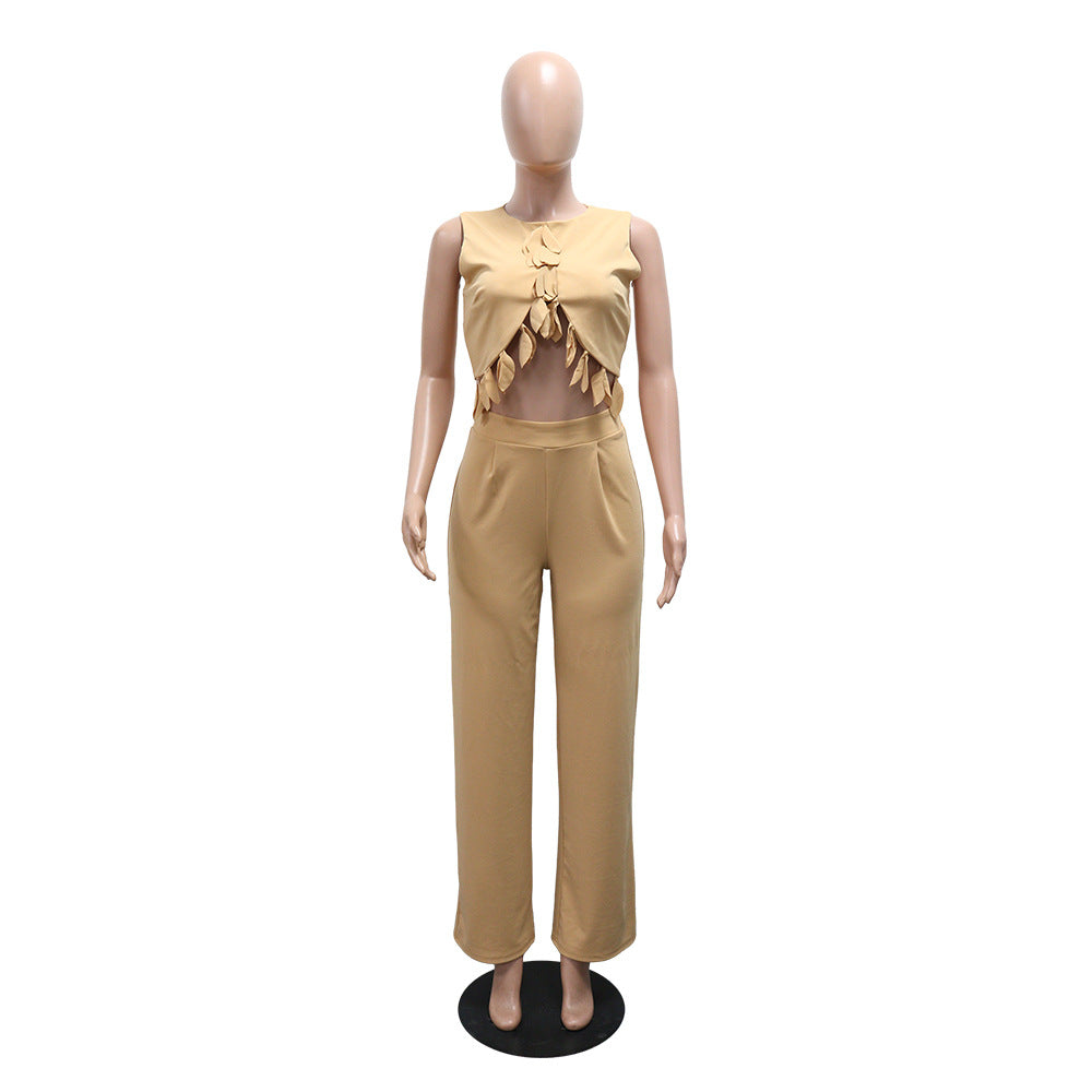 Round Neck Casual Sleeveless Sexy Top with Slim Long Pants Two-Piece Women's Set - V.I.P Digital Presence