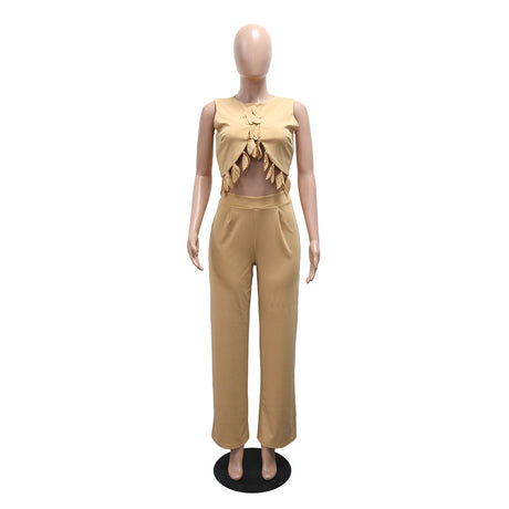 Round Neck Casual Sleeveless Sexy Top with Slim Long Pants Two-Piece Women's Set - V.I.P Digital Presence
