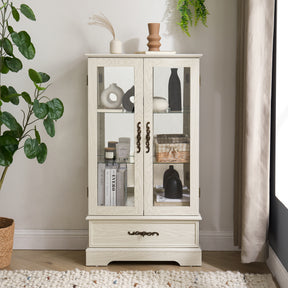 Light colored glass cabinet Curio display cabinet with adjustable glass frame, 2 doors and 1 drawer, including white light bulbs - V.I.P Digital Presence