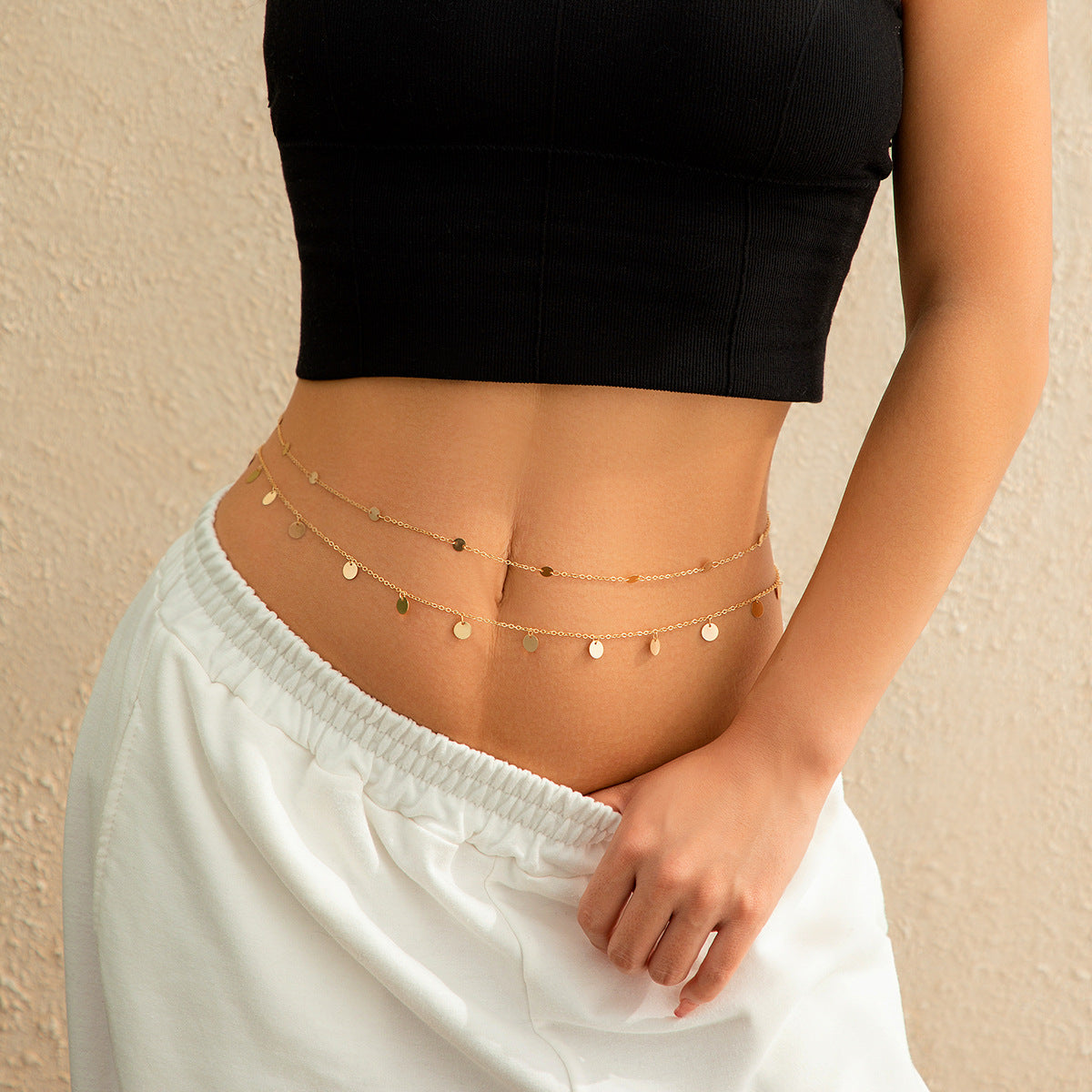 Double layered waist chain, geometric sequins, waist chain, beach party, imitation pearl body chain, fashionable - V.I.P Digital Presence