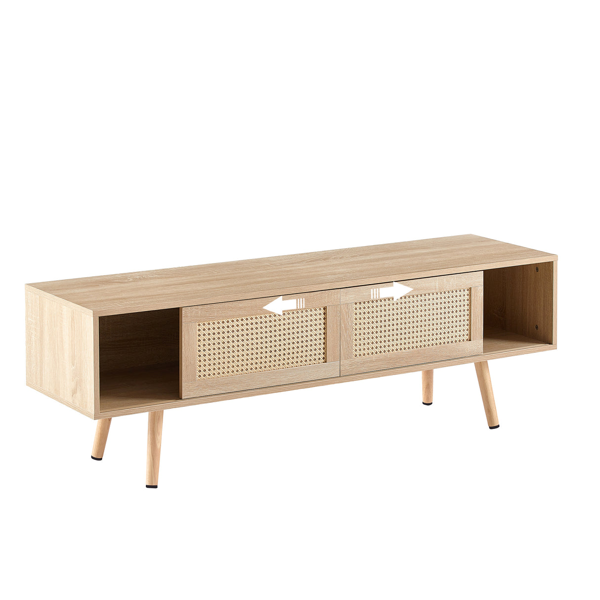 55.12" Rattan TV cabinet double sliding doors for storage adjustable shelf solid wood legs TV console for living room natural - V.I.P Digital Presence