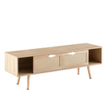 55.12" Rattan TV cabinet double sliding doors for storage adjustable shelf solid wood legs TV console for living room natural - V.I.P Digital Presence