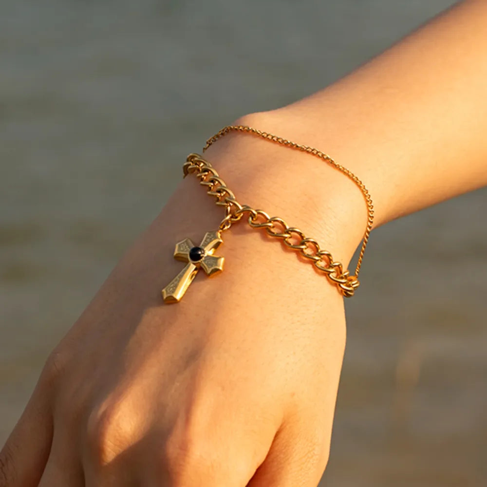 Stainless Steel Imitation Gemstone Cross Shape Pendant Bracelet - V.I.P Digital Presence