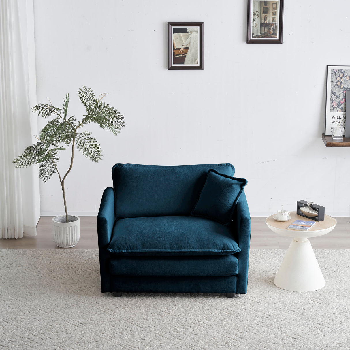 Comfy Deep Single Seat Sofa Upholstered Reading Armchair Living Room Chair Blue Chenille Fabric , 1 Toss Pillow - V.I.P Digital Presence