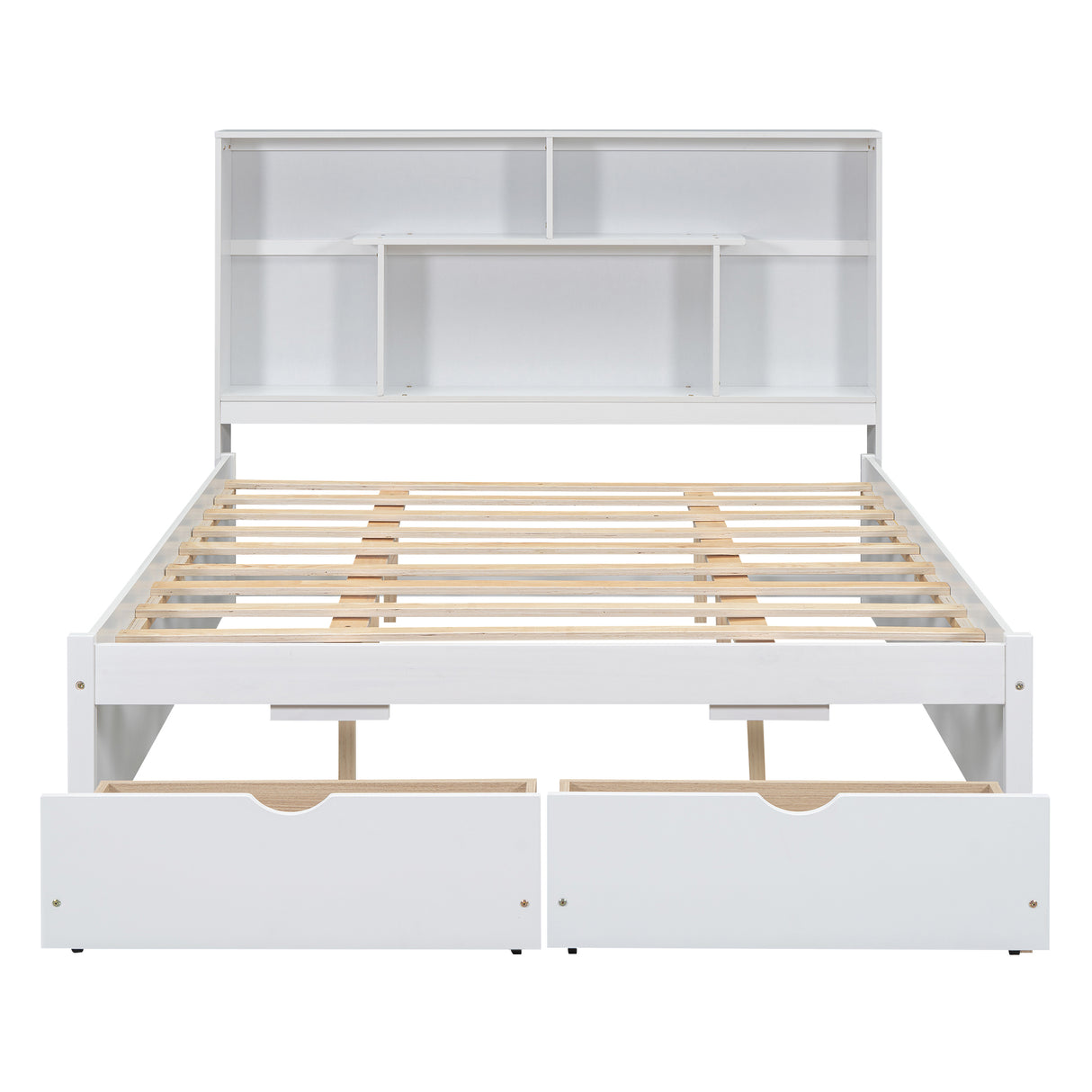 Queen Size Platform Bed with Storage Headboard and 2 Drawers, White - V.I.P Digital Presence