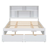 Queen Size Platform Bed with Storage Headboard and 2 Drawers, White - V.I.P Digital Presence