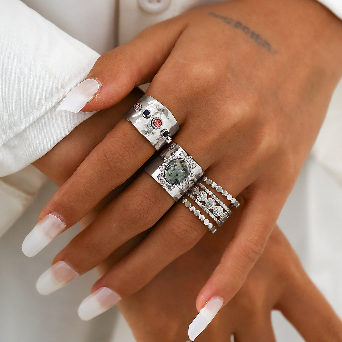 Fashionable Joint Ring Set Hip Hop Metallic Fold Set with Gemstone Rings - V.I.P Digital Presence