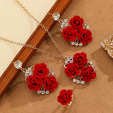 4pcs/Set Romantic Lovely Red Rose Flower Inlaid Rhinestone Pendant Necklaces+Dangle Earrings+Ring，For Women Valentine'S Day Gift - V.I.P Digital Presence