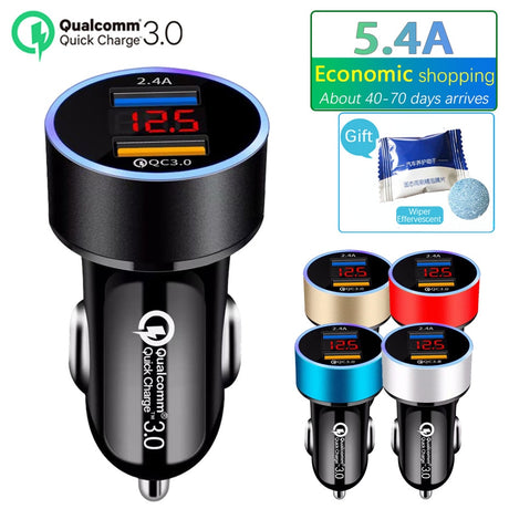 QC3.0+2.4A Dual USB Car Charger LCD Display 12-24V Cigarette Socket Lighter Fast Charger Power Auto USB Adapter Upgraded - V.I.P Digital Presence