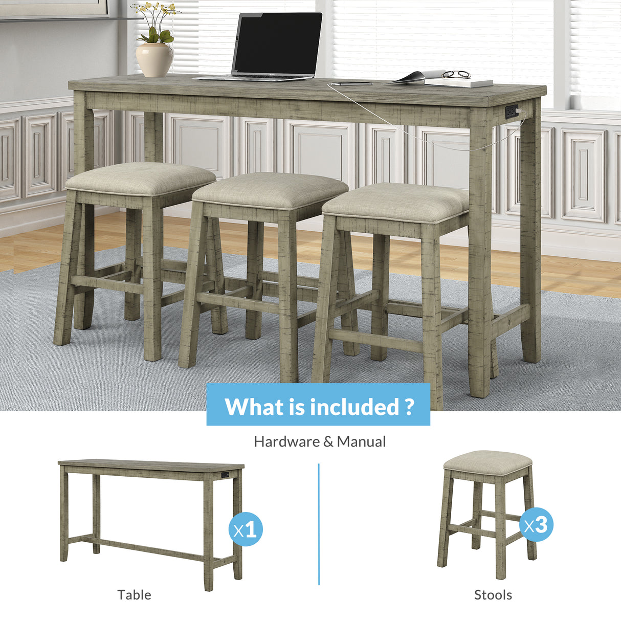 TOPMAX 4 Pieces Counter Height Table with Fabric Padded Stools,Rustic Bar Dining Set with Socket,Gray Green - V.I.P Digital Presence