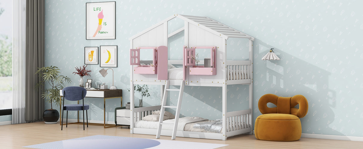 Twin over Twin House Bunk Bed with Roof , Window, Window Box, Door , with Safety Guardrails and Ladder, Pink/White - V.I.P Digital Presence