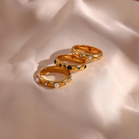 18K Gold Plated Green Zircon Pearl Rings For Women Waterproof Hypoallergenic Dainty Gold Ring Stainless Steel Jewelry - V.I.P Digital Presence
