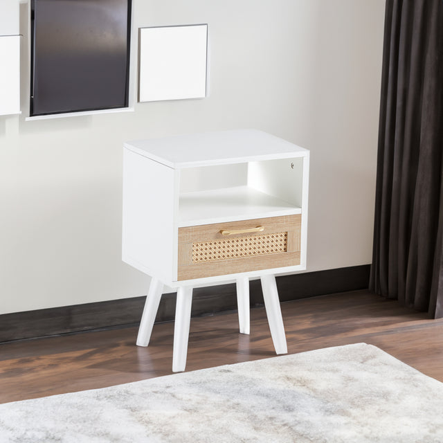 15.75" Rattan End table with drawer and solid wood legs Modern nightstand side table for living room  white - V.I.P Digital Presence