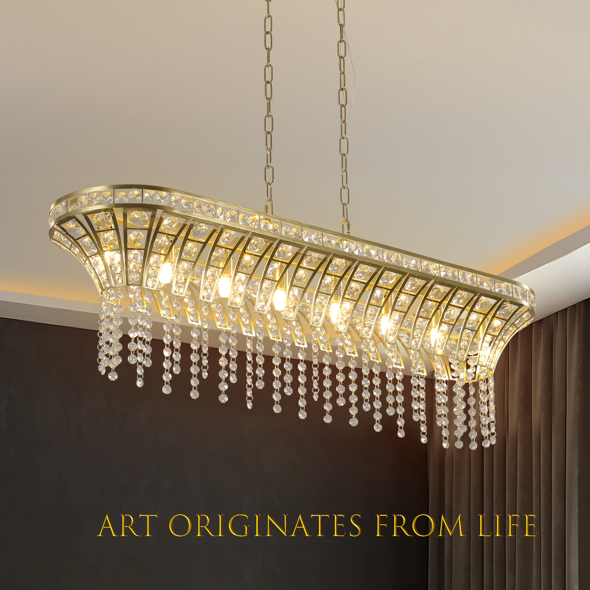 Modern Champagne Gold Kitchen Island Light - Oval Crystal ceiling chandelier - V.I.P Digital Presence